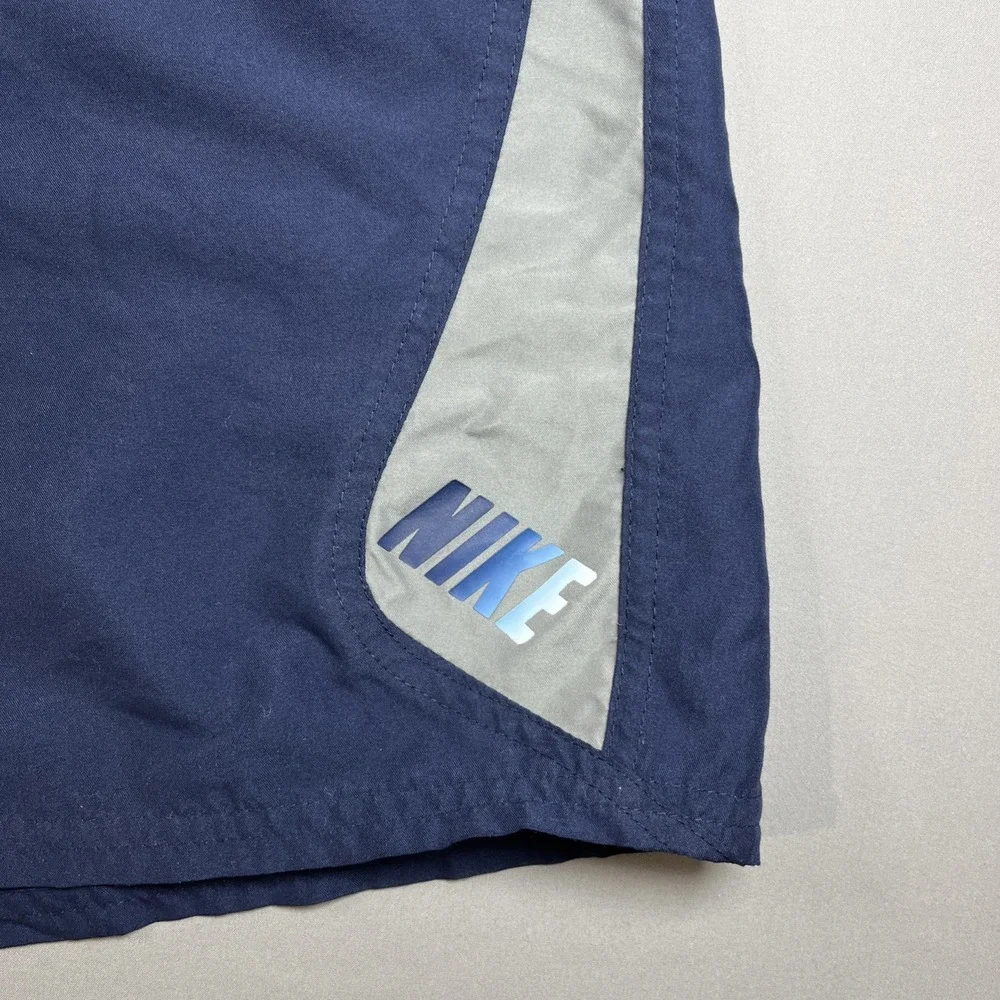 Vintage‎ Nike Swim Shorts Mens 2XL Blue Gray Spell Out Logo Athletic Trunks Y2K